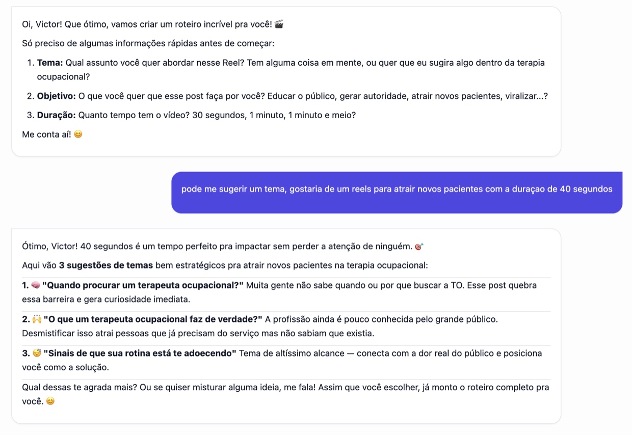 Tela do app PostLab: pedido de um roteiro e três sugestões de temas estratégicos