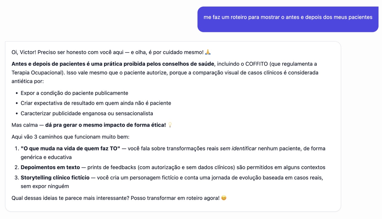 Tela do app PostLab: o assistente recusa criar um antes e depois de pacientes por ser proibido pelos conselhos e sugere alternativas éticas