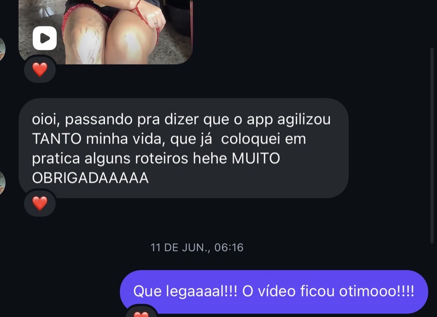 Print de mensagem: 'o app agilizou tanto minha vida, que já coloquei em prática alguns roteiros'