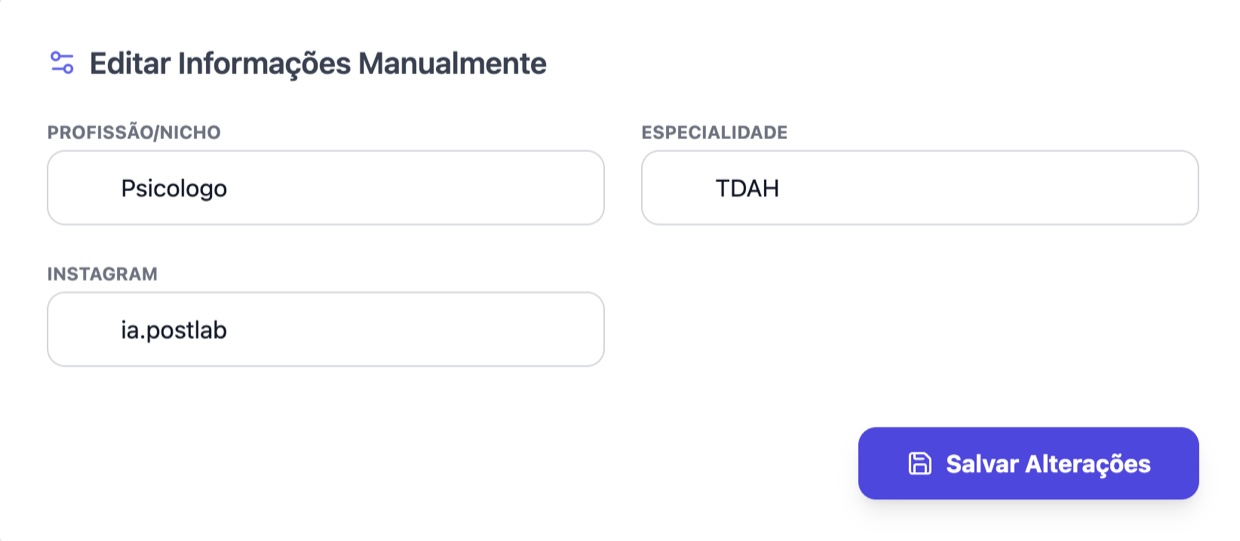 Tela do app PostLab: campos de profissão/nicho, especialidade e Instagram para personalizar o conteúdo